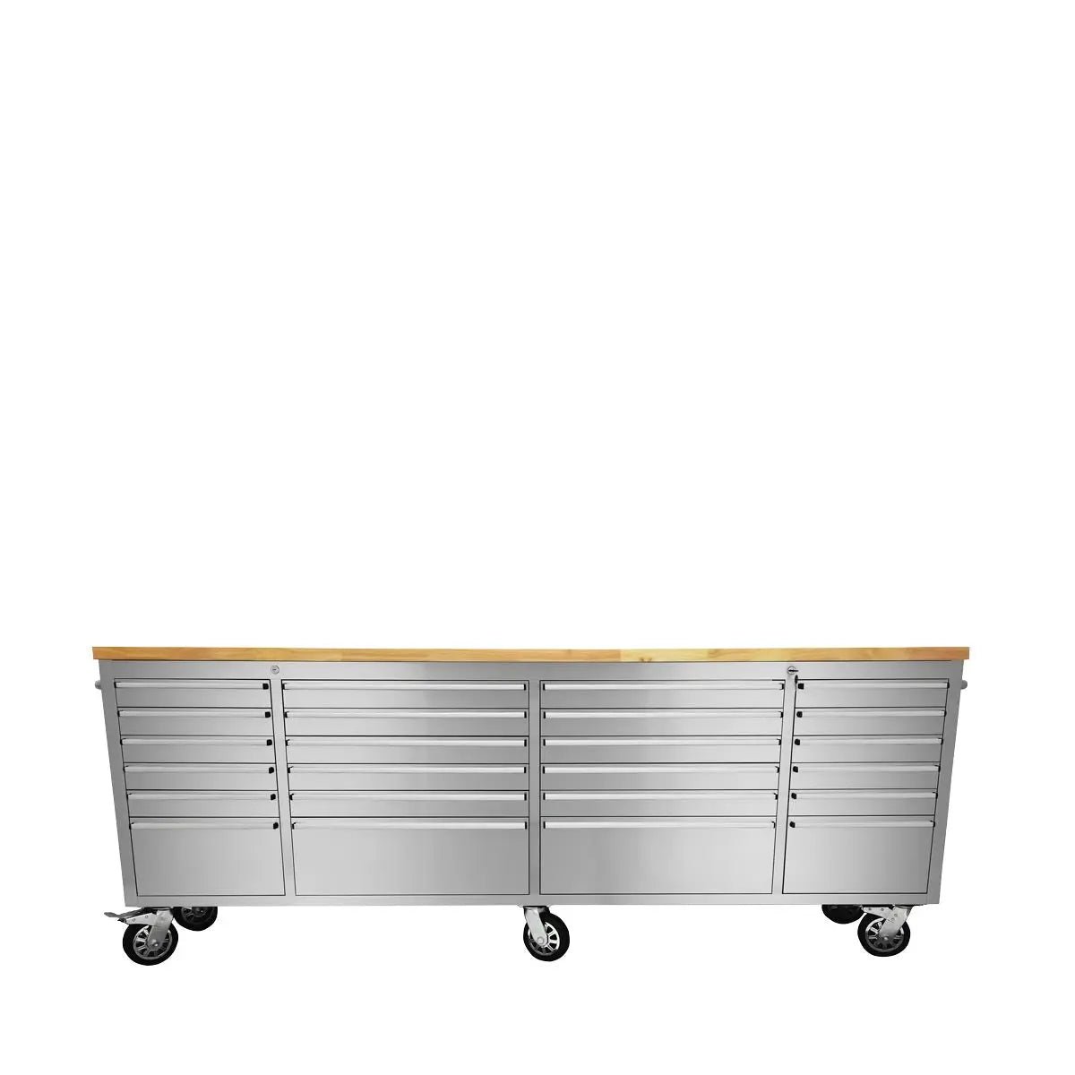 96-Stainless-Steel-Rolling-Workbench-Rubberwood-Tabletop-24-Lockable-Drawers-Locking-Wheels-TMG-WB9624S