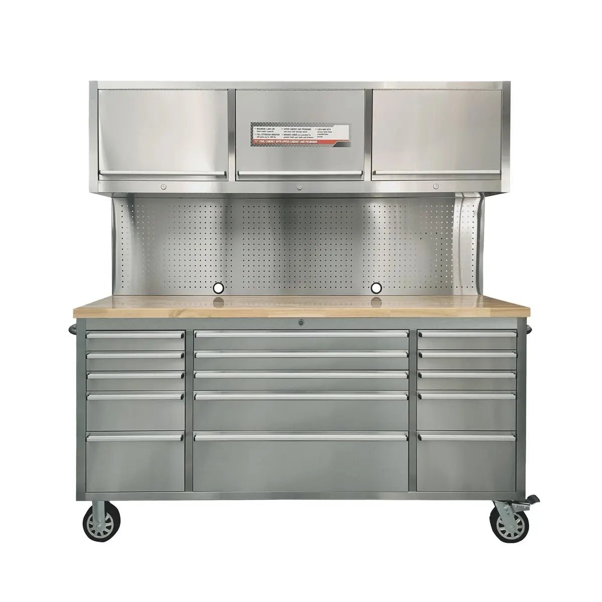 Stainless-Steel-72-Rolling-Workbench-Cabinet-Combo-15-Lockable-Drawers-Wall-Mounted-Cabinets-Pegboard-Adjustable-Shelving-TMG-WBC72S