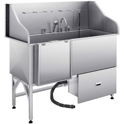 61" Stainless Steel Dog Grooming Bath Tub, Built-in Ramp & Water Filter, Left-Side Faucet Setup, DOBA-DT61L